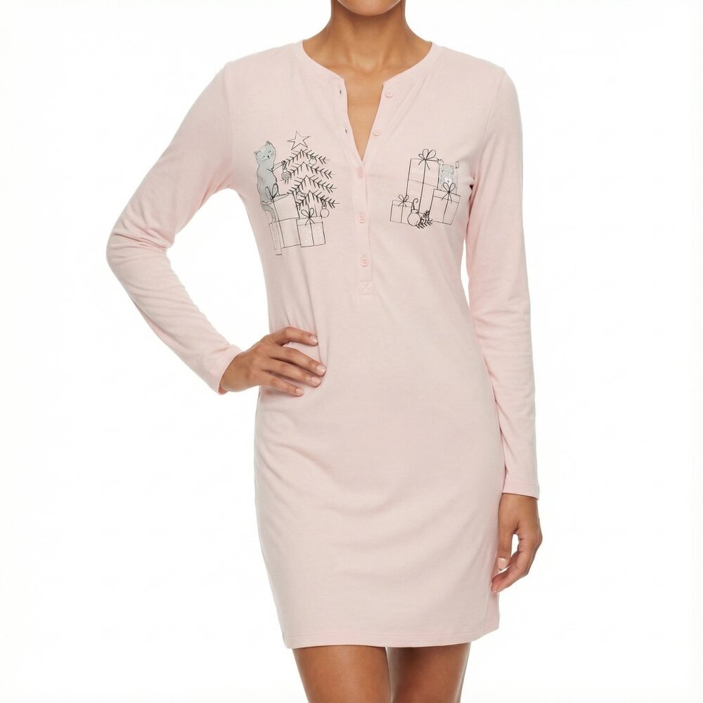 La Vie en Rose Soft Pink Nightgown Sleepshirt Casual Pajama Christmas Cats XS